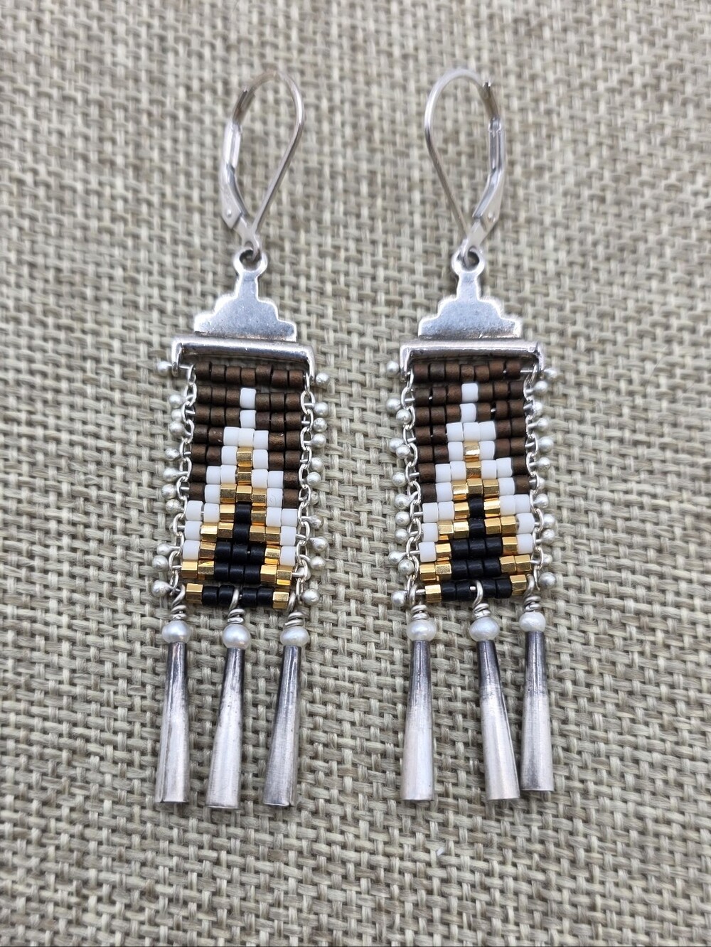 Artisan Beaded 925 and Pearl Fringe Drop Earrings in Brown, Gold & Black